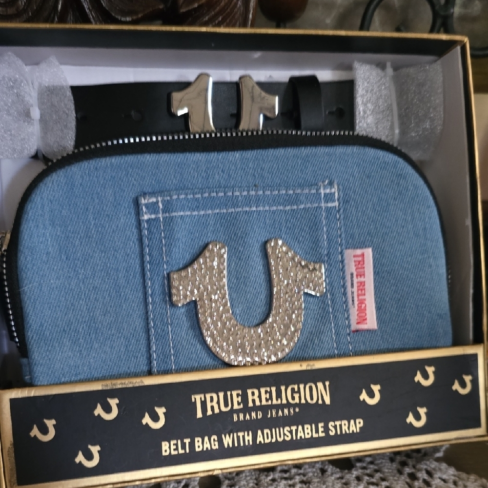 True Religion Denim Belt Bag with Rhinestone Horseshoe - Light Blue - Picture 4 of 8
